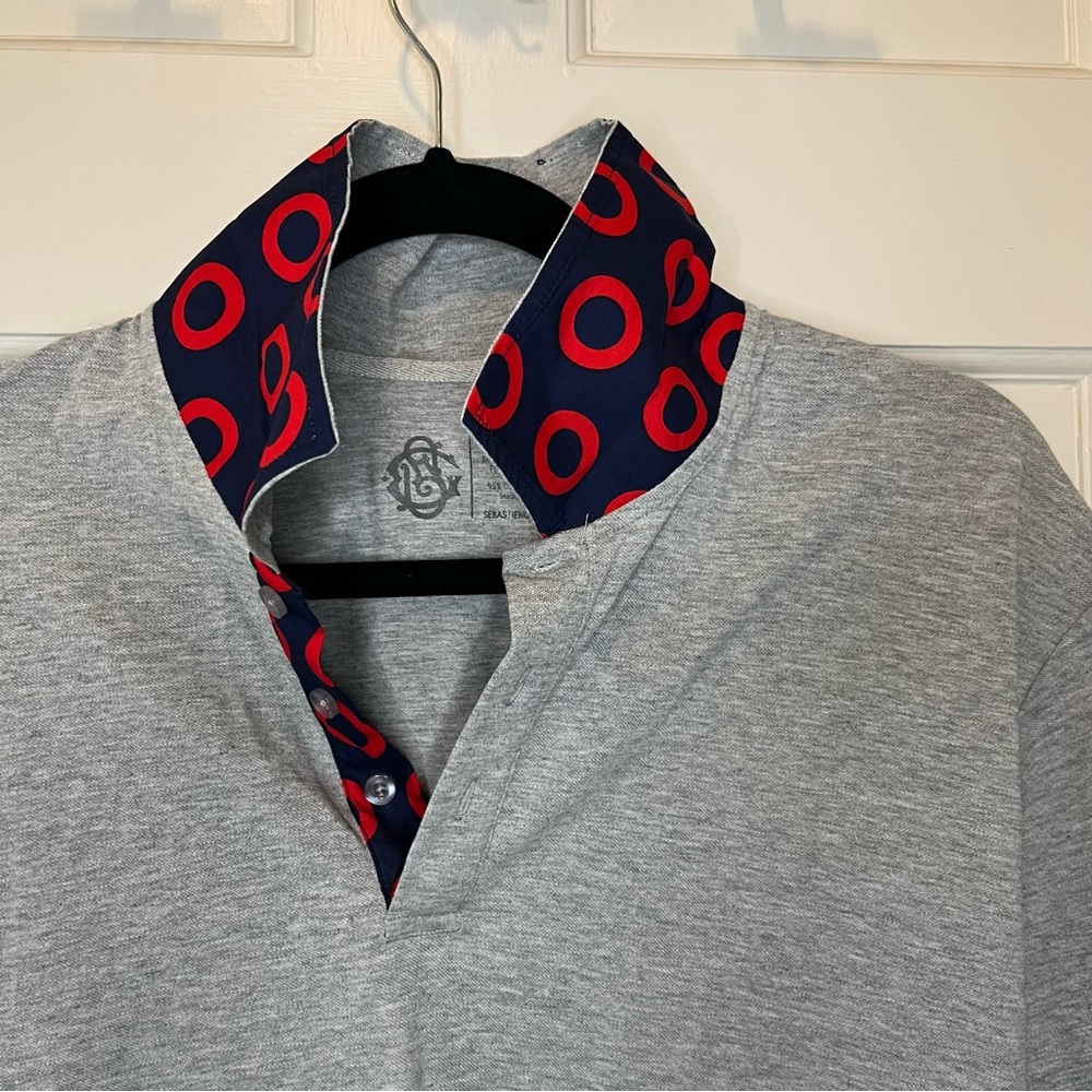 Sebastien Grey Polo Shirt with Blue and Red Contrasting Collar Trim Size XL
